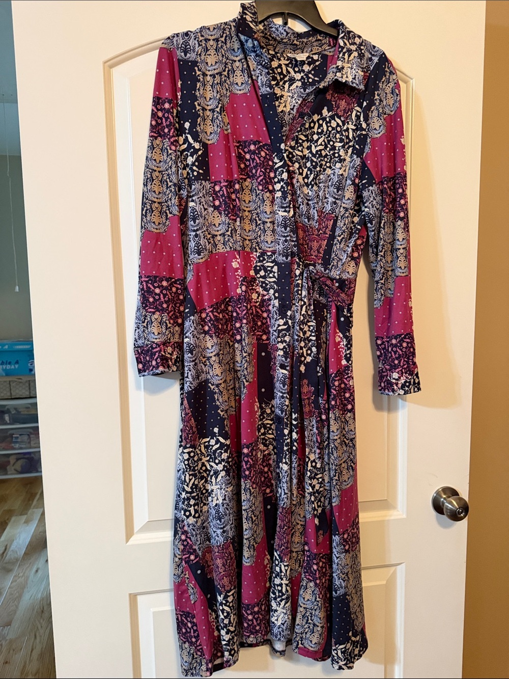 Cato Long Sleeve Patchwork Maxi Dress in Plum and Navy